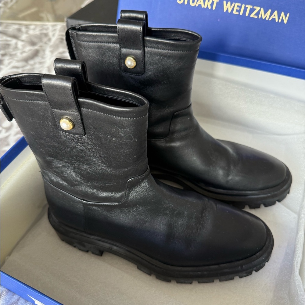 Stuart Weitzman Black Leather Boots with Gold-Tone Pearl Accent